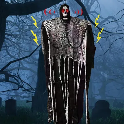 Zdjęcie produktu dla Wiszący duch na Halloween z świecącymi czerwonymi oczami, 180 cm, idealny do dekoracji ogrodu i na Halloween