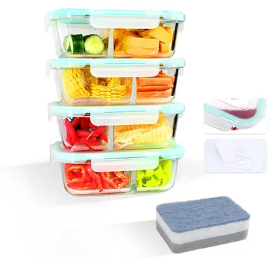 Immagine prodotto di Contenitori in vetro per alimenti - Set da 4 - 1040 ml ciascuno - 2 scomparti - Adatti al microonde - Vetro borosilicato con coperchio - Blu