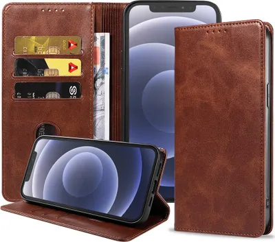 Zdjęcie produktu dla Etui Smartphonica iPhone 12 Pro Max ze sztucznej skóry z magnetycznym zamknięciem i kieszonkami na karty - ciemnobrązowe
