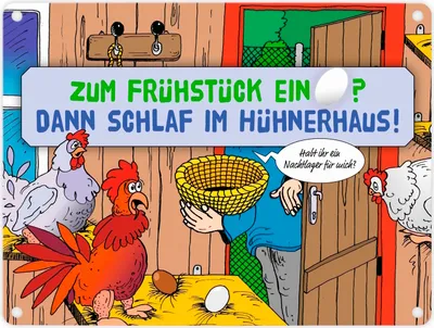 Produktbild von Ein Ei zum Frühstück - dann schlaf im Hühnerhaus Comic Metallschild in 15x20 cm