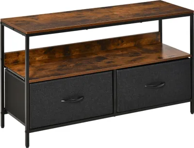 Image de HOMCOM Meuble TV Bas sur Pieds Style Industriel 2 tiroirs en Tissu Gris MDF Marron Rustique et métal Noir