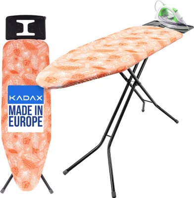 Produktbild von KADAX Bügelbrett 120x38 cm, klappbarer Bügeltisch mit stabiler Stahlkonstruktion, hitzebeständigem Bezug und Ablage für Bügeleisen, höhenverstellbar (Orange)