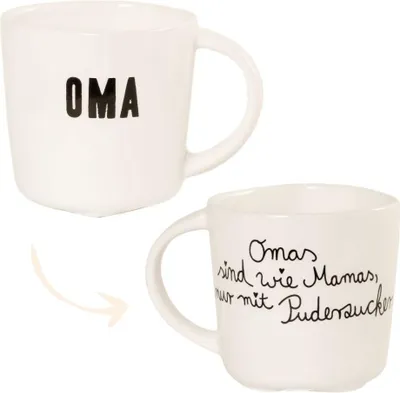 Produktbild von Familientasse Oma mit Herzboden und Aufschrift 'Omas sind wie Mamas, nur mit Puderzucker'