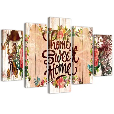 Produktbild von 5-teiliges leinwandbild home sweet home schriftzug 100x70 cm Feeby braun wandbild bereit zum aufhängen