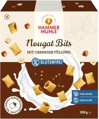 The image shows the front of a product box for Hammermühle Nougat Bits.