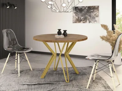 Produktbild von Runder Tisch für das Esszimmer - 100 oder 120 cm Durchmesser - Ausziehbarer Tisch mit Pulverbeschichteten Goldenen Metallbeinen - Industriestil - 100 cm - Lancelot Eiche