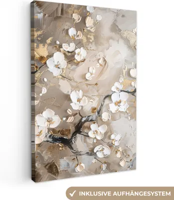 Obrázek produktu pro OneMillionCanvasses® - Plátna - Květiny - Bílá - Zlatá - Béžová - Luxusní, nástěnné umění, nástěnné dekorace Obrazy Obývací pokoj, 60x90cm