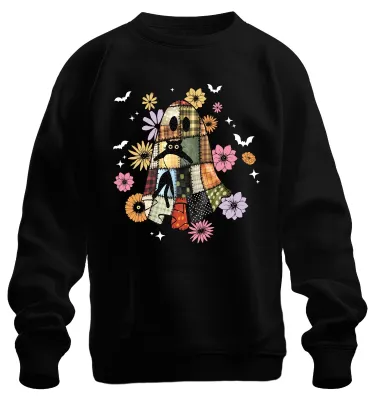 Immagine prodotto di Halloween Ghost Patchwork Cat Flowers Autumn Vintage Boho Stars Unisex Felpa Pullover, Nero, XXL