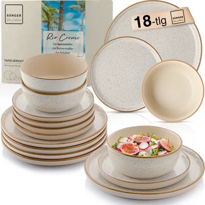 A set of stoneware tableware, including plates and bowls, is displayed on a white background. Some items are stacked, while others are shown individually. One bowl contains a salad with figs and radishes.