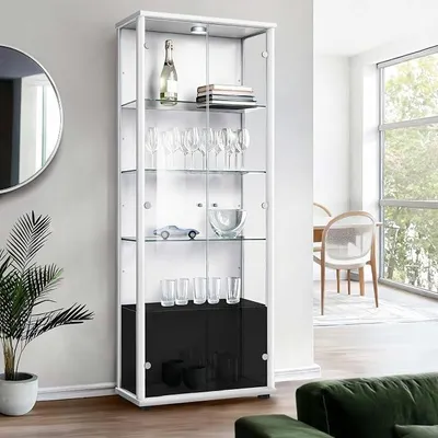 Zdjęcie produktu dla Szafka witryna dwudrzwiowa (176x67x33 cm) - Wyprodukowano w Niemczech - Wolnostojąca witryna w kolorze białym, z 4 regulowanymi na wysokość półkami szklanymi i oświetleniem LED - Szklana witryna stojąca - Witryna szklana - Szafka ekspozycyjna