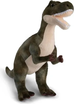 A plush toy dinosaur, a T-Rex, is shown standing against a white background.