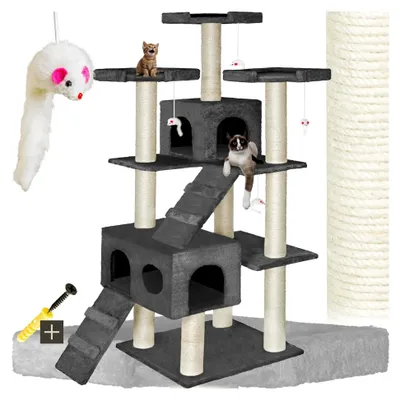 Produktbild von XXL Luxus Sisal Kratzbaum 186 cm hoch mit Spielzeug und Zubehör für Kätzchen und Katzen, Sisalseil Kratzstamm, Katzenhöhle und Katzenhaus, Katzentreppe und Aussichtsplattformen - anthrazit
