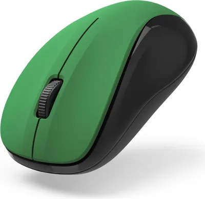 A green and black wireless computer mouse is shown from a diagonal angle on a white background.