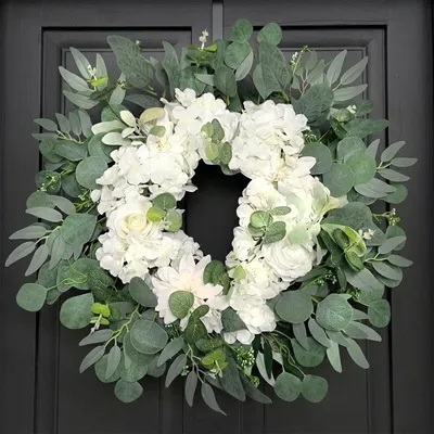 Produktbild von Türkranz Kunstkranz Dekokranz Weiß - 66 cm - Rosen, Dahlien und Hortensien - Seidenblumen