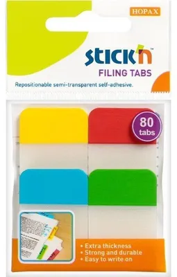 Obrázek produktu pro Záložka samolepicí Stick'n Hopax, 38x25 mm, plastová, extra pevná, základní barvy, 4x20 ks