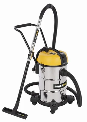 A Powerplus wet and dry vacuum cleaner is shown against a white background.