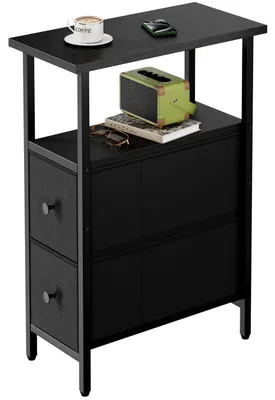 Image de Table d'appoint étroite avec 2 tiroirs en tissu et un compartiment ouvert, noire, 40x20x60 cm