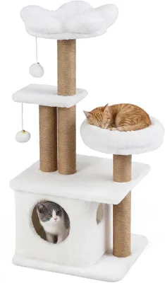 Imagen del producto de Árbol para gatos de 96 cm con cueva, plataforma, cama para gatos, 2 pelotas de juego y postes de yute. Estructura de escalada estable para gatos (color beige)