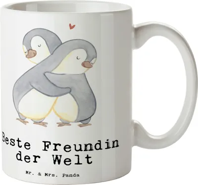 Produktbild von Mr. & Mrs. Panda Kaffeebecher Pinguin Beste Freundin der Welt - Weiß - Geschenk, Spruch, Geschenkidee, Jahrestag, Becher, Kaffeetasse, Tasse, Frau, Bedruckte, Teetasse