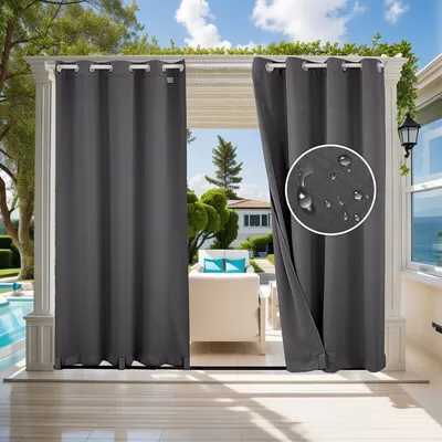 Image de 4 rideaux d'extérieur résistants aux intempéries, anti-UV rideau d'extérieur imperméable avec oeillets pour balcon terrasse véranda pergola tonnelle£¬gris foncé,132x213cm