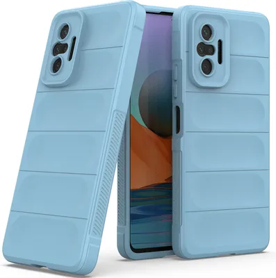 Two light blue phone cases are shown in a studio setting against a white background. One case is in the foreground, angled towards the viewer, while the other is slightly behind and to the right, also angled.