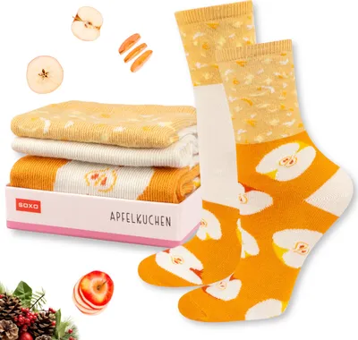 Produktbild von Bunte Baumwoll-Damen-Socken Gr. 35-40 mit Apfelkuchen-Motiv von SOXO – lustiges Geschenk für Frauen zum Geburtstag