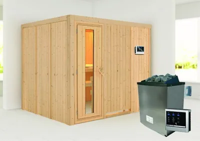 Produktbild von Karibu Sauna Innensauna Gobin Fronteinstieg Ofen 9 KW externe Strg easy 231x196x198 cm ohne Dachkranz mit Energiespartür