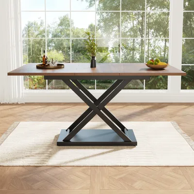 Immagine prodotto di okwish Tavolo da pranzo allungabile rettangolare, tavolo da cucina con gambe in metallo, tavolo telescopico per sala da pranzo soggiorno, 120-160×80 cm, piano d'appoggio color noce e gambe in ferro incrociate nere