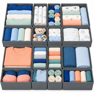 Produktbild von Relaxdays Schubladen Ordnungssystem, 16-tlg. Set, für IKEA Hemnes Kommode, 3 Größen, Wickeltisch-Organizer, grau, KI-generiertes Bild