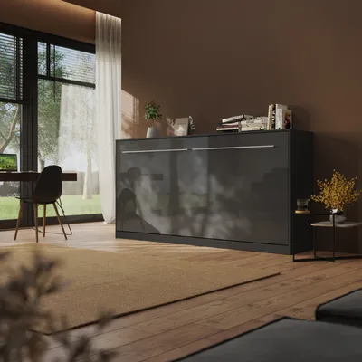 Produktbild von Schrankbett Standard 90x200 cm Horizontal Anthrazit/ Anthrazit Hochglanzfront mit Gasdruckfedern