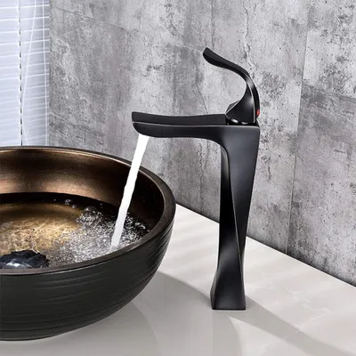 Image de Robinet de lavabo, robinet pour lavabo avec corps en alliage de zinc, raccordement pour eau chaude et froide, robinet de lavabo noir moderne à levier unique, modèle C