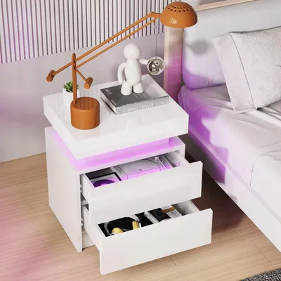 Produktbild von OYAJIA Nachttisch Hochglanz Nachtschrank mit 2 Schubladen,LED-Beleuchtung 16 Farben Nachttisch mit LED Streifen, Beistelltisch, Nachttisch Sofatisch