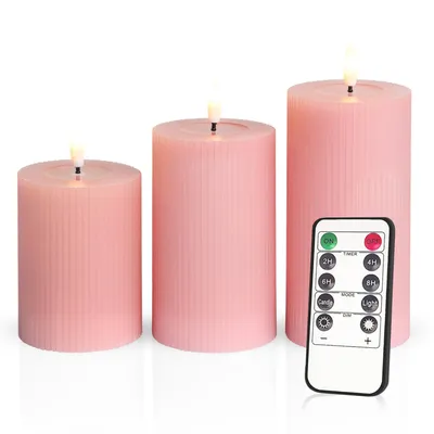 Produktbild von Meisterhome® 3er-Set Flammenlose LED Kerzen Ribble mit Timer Hellrosa Stumpenkerze Fernbedienung Batteriebetrieben Warmweiß echten Wachs Dekoration