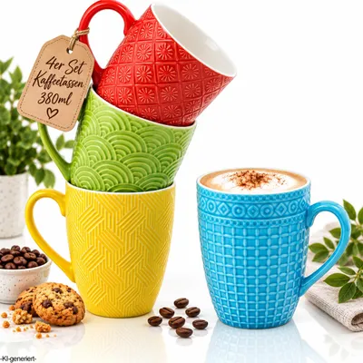 Produktbild von Kaffeetassen 4er Set 380 ml – Bunte Kaffeebecher aus Keramik mit Reliefmuster – Große Tassen mit Henkel für Kaffee, Tee und Cappuccino