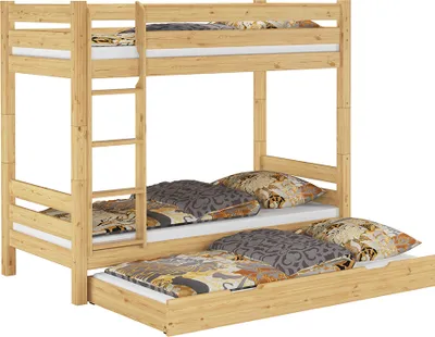 Produktbild von Teilbares Etagenbett Massivholz Kiefer 90x200 Hohes Bett Stockbett Zubehör wählbar V-60.11-09Ni100Rollrost und Gästebettkasten inkl.