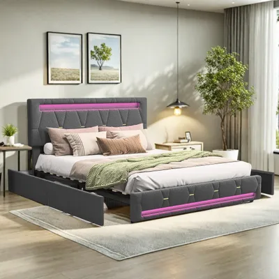Produktbild von Polsterbett 160x200cm mit Lattenrost und Led, Doppelbett mit 4 Schubladen, Jugendbett Stauraumbett Funktionsbett, Leinen, Grau