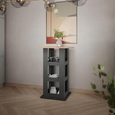 A modern bar table with shelves in a room setting.