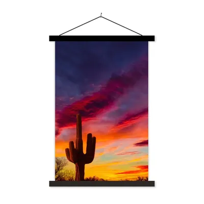 Produktbild von MuchoWow® Textilposter Kaktus - Himmel - Sonnenuntergang - Lila - Rosa 40x60 cm mit schwarzem Rahmen - Wanddekorationen