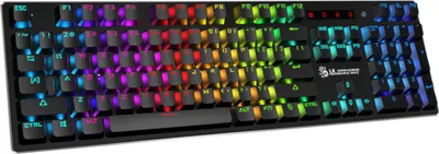 A black mechanical keyboard with RGB lighting.