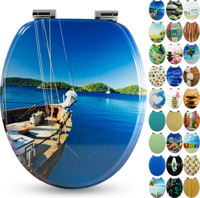 Produktbild von Sanfino® Premium WC Sitz "Boat" hochwertiger Toilettendeckel mit Absenkautomatik aus Holz, viele bunte Motive, einfache Montage