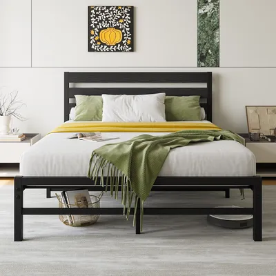 Produktbild von okwish Jugendbett  140×200 mit Matratze und Holzkopfteil, Metallbett schlichtes Design, Einzelbett in Schwarz