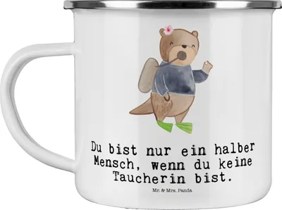 Produktbild von Mr. & Mrs. Panda blechbecher Taucherin Herz - Weiß - Geschenk, Emaille Becher, Pott, Teebecher, Tasse, Teetasse, Haferl