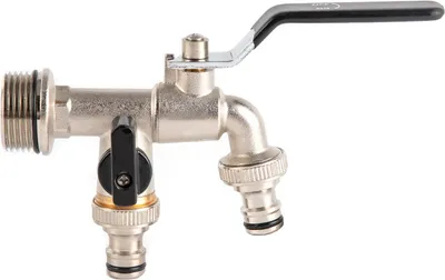 Close-up studio shot of a brass hose splitter.