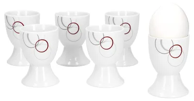 Zdjęcie produktu dla zestaw 6 kubków na jajka Palazzo 4,8 cm - wykonane z białej porcelany z dekoracyjnymi kółkami w kolorze szarym i ciemnoczerwonym