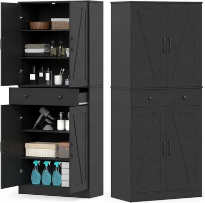 Produktbild von KOMFOTEU 183 cm Küchenschrank mit Doppeltür, 1 Schublade, 3 verstellbaren Einlegeböden, Buffetschrank Hochschrank mit Kippschutz,(Schwarz)