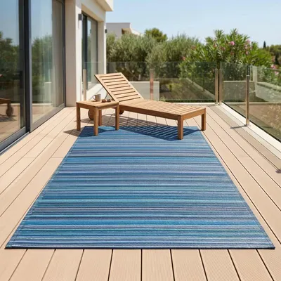 Produktbild von Outdoor-Teppich Cancun – Recycelter Premium Kunststoff – Wetterfest, Wendbar, UV-beständig – Gestreift (Indigo, 120 x 180 cm)