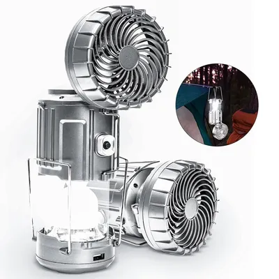 Produktbild von Solar Camping-Laterne mit Ventilator und Handy-Ladefunktion, tragbare wiederaufladbare Powerbank,für Hurrikan,Notfälle,Stromausfall und Camping,silber