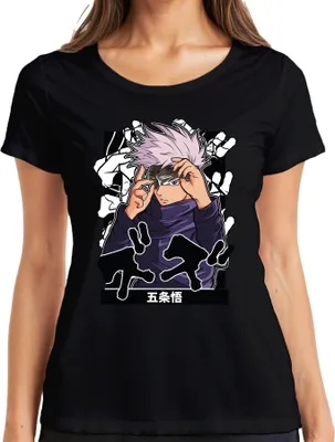 Obrázek produktu pro Satoru Gojo z Jujutsu Kaisen – tričko pro ženy s motivem Satoru, s páskou přes oči a bílými vlasy, v anime stylu, černé, velikost L