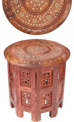 Image de Table d'appoint marocaine en bois Caglanur marron, ronde, ø 30 cm | Pouf rond oriental, petit pouf à fleurs oriental | Petites tables d'appoint rondes orientales pliables