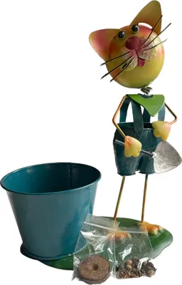 Produktbild von Für Kinder "Mein erstes Pflanzset": Pflanztopf mit bunter Metallfigur Katze (ca. 30 x 20 x 15 cm) 1 Tüte Bienenfutter-Wildblumensamen und Kultursubstrat-Tab zur Anzucht